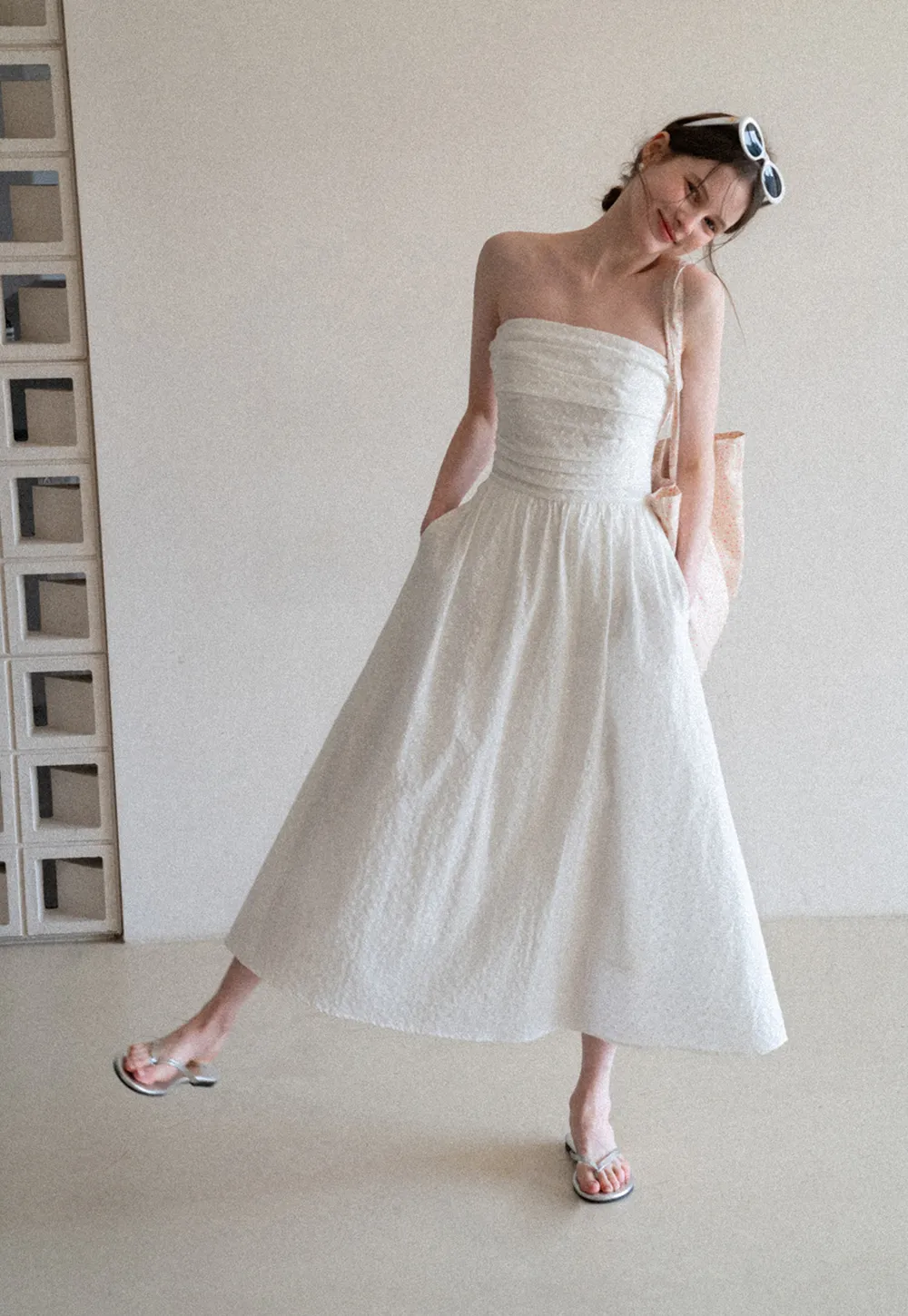 Strapless A-line Midi Dress with Ruched Bodice