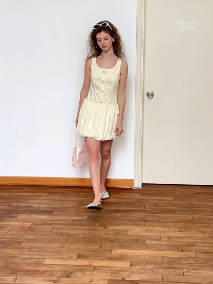 Button Front Square Neck Puff Sleeve Dress