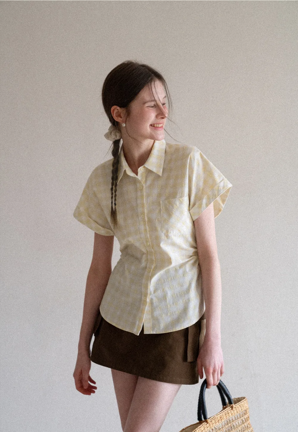 Checkered Shirt with Short Sleeves and Pleated Back