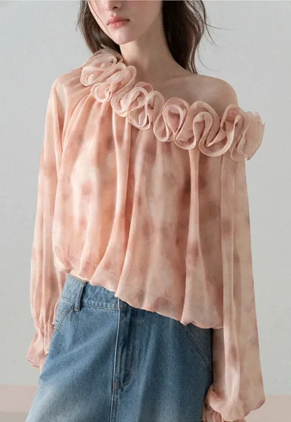 Off Shoulder Ruffled Lace Chiffon Blouse