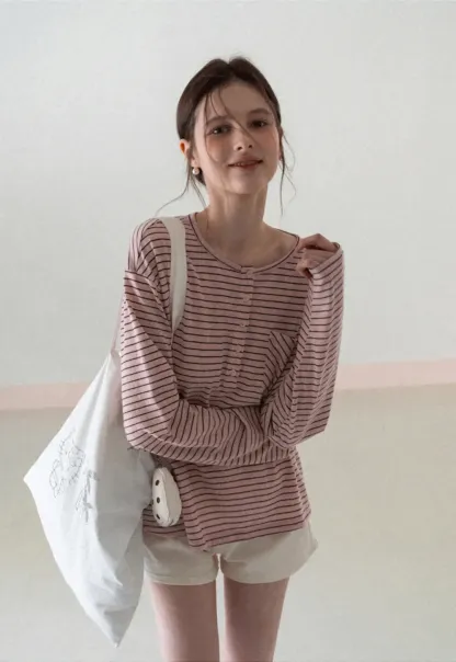 Long sleeve striped henley shirt with chest pocket