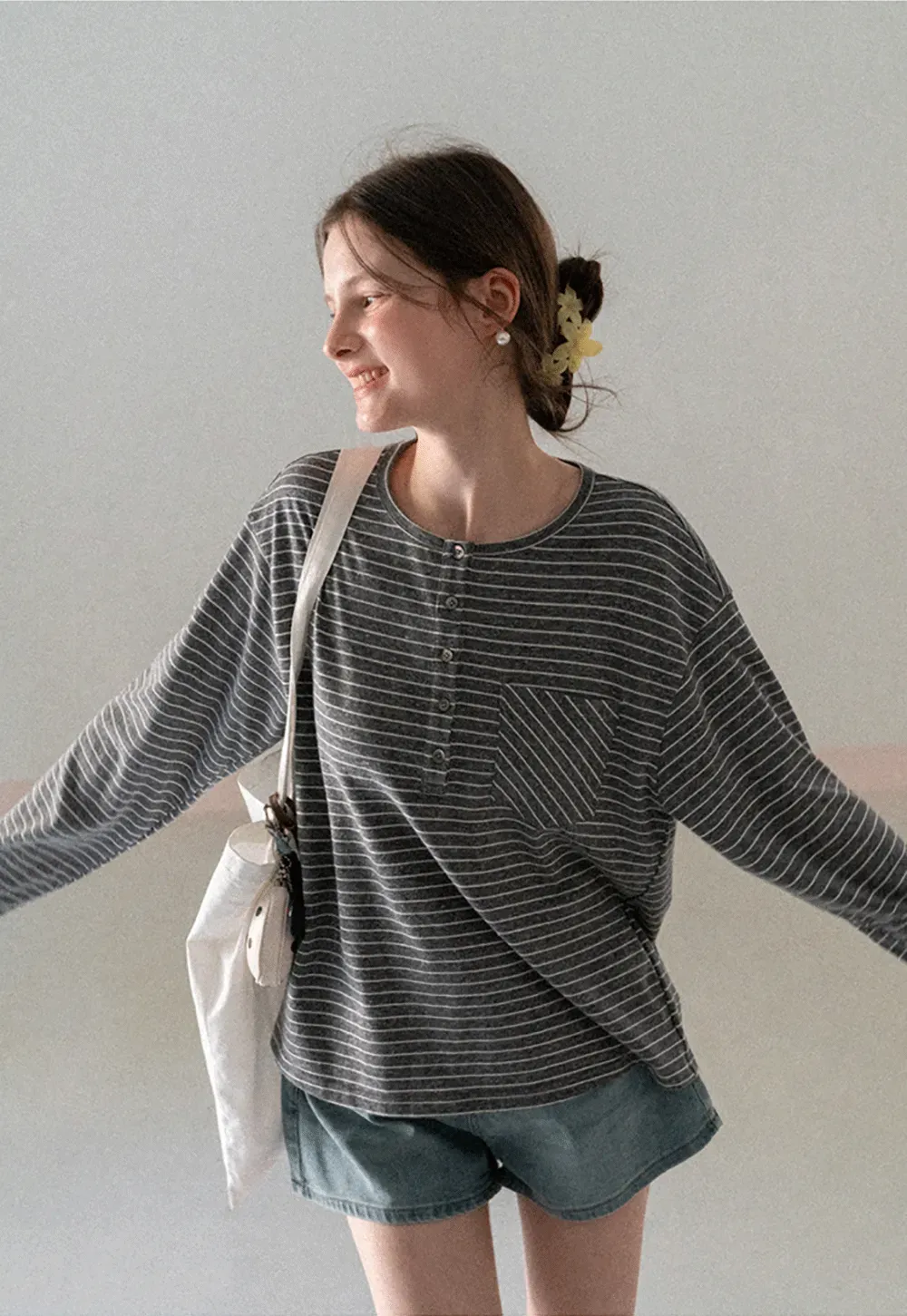 Long sleeve striped henley shirt with chest pocket