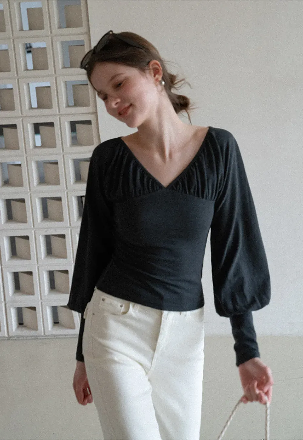 V neck long sleeve top with ruched detail