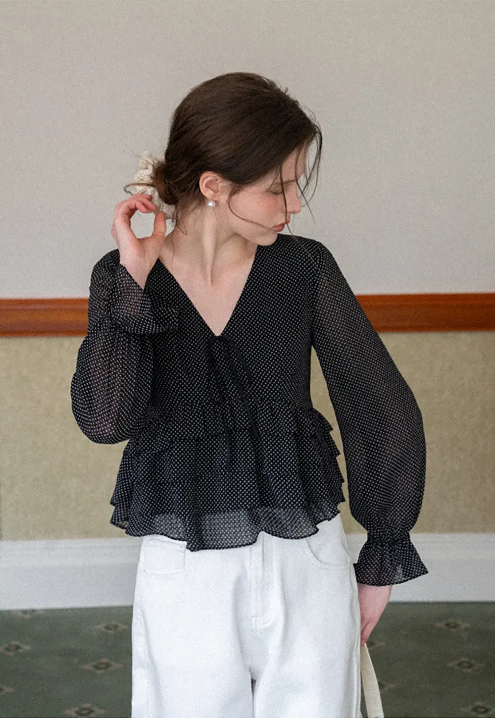 Polka Dot Sheer Blouse with Ruffled Hem and Tie Neck
