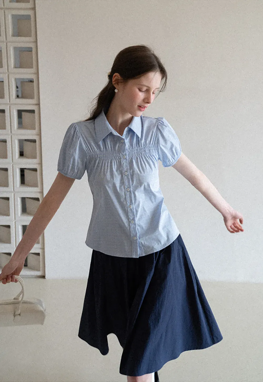 Short Sleeve Button Up Shirt with Pleated Detail