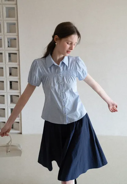 Short Sleeve Button Up Shirt with Pleated Detail