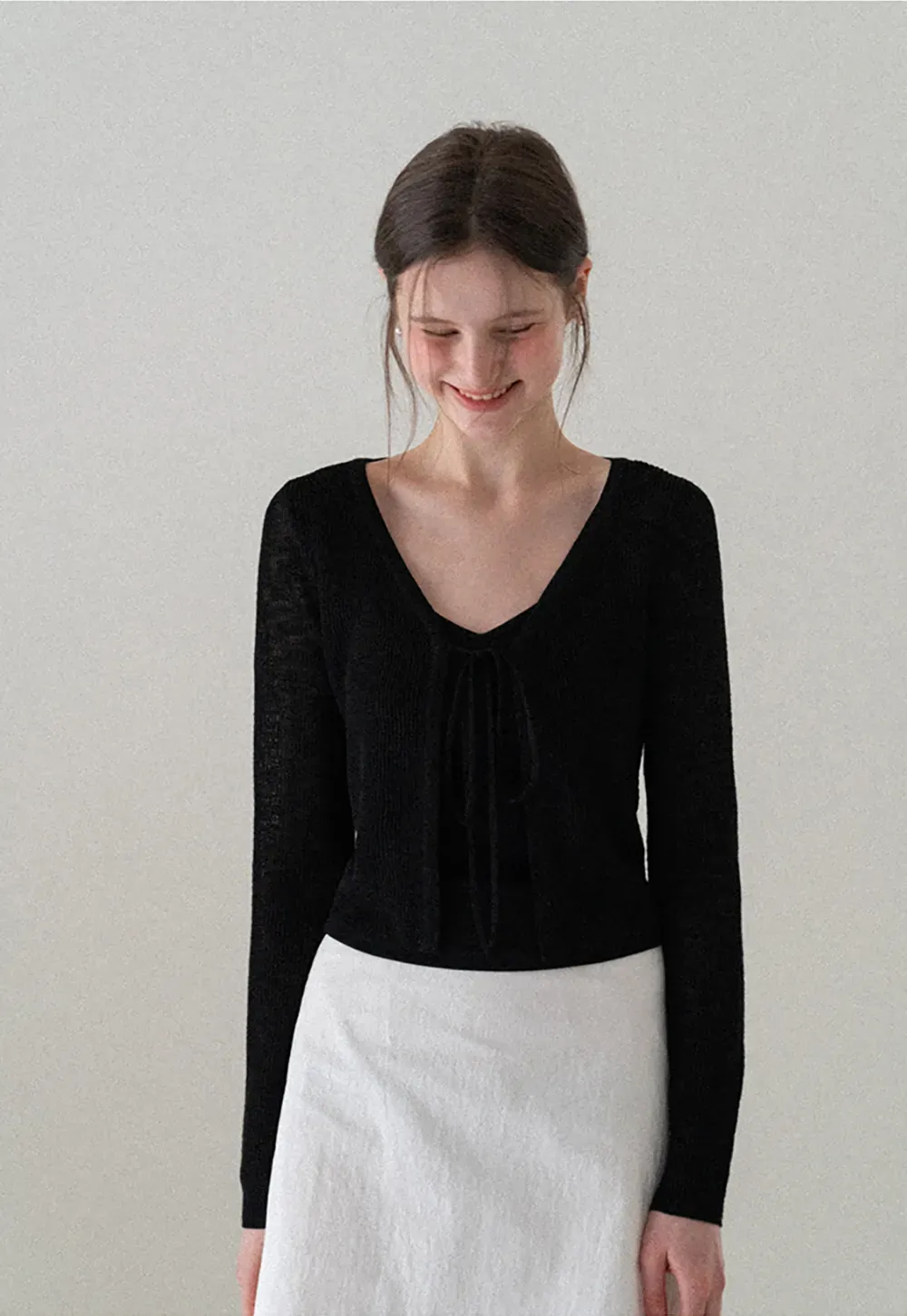 V Neck Long Sleeve Knit Cardigan with Front Tie