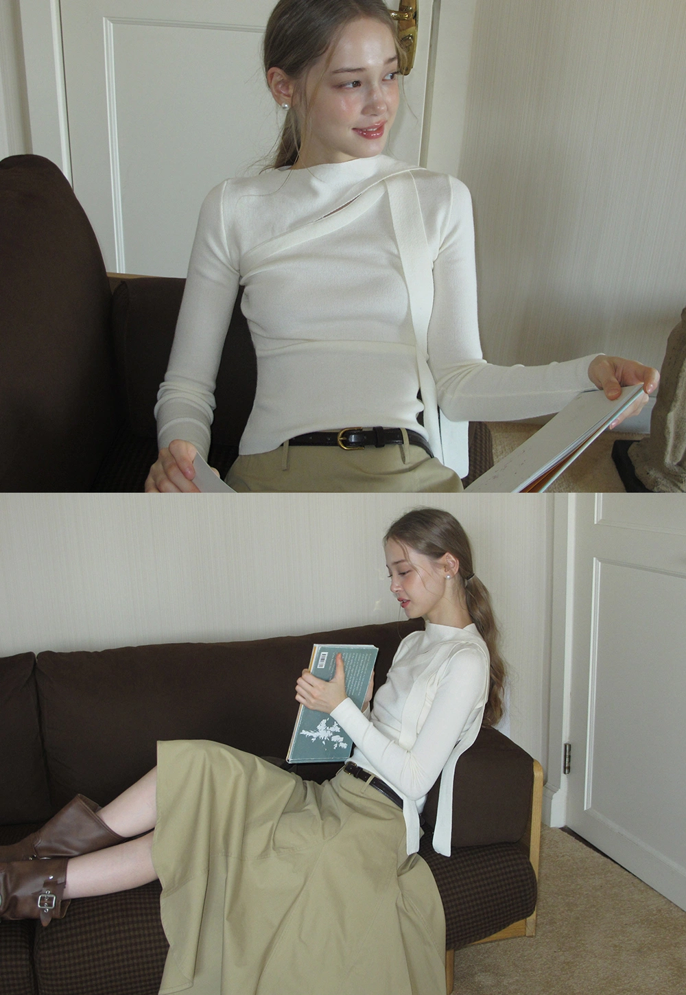 White Long Sleeve Knit Top With Tie