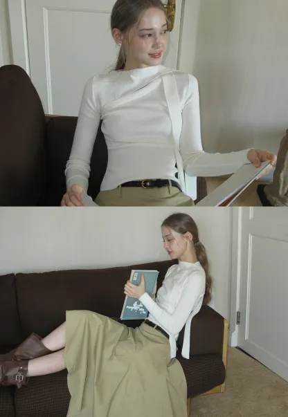 White Long Sleeve Knit Top With Tie