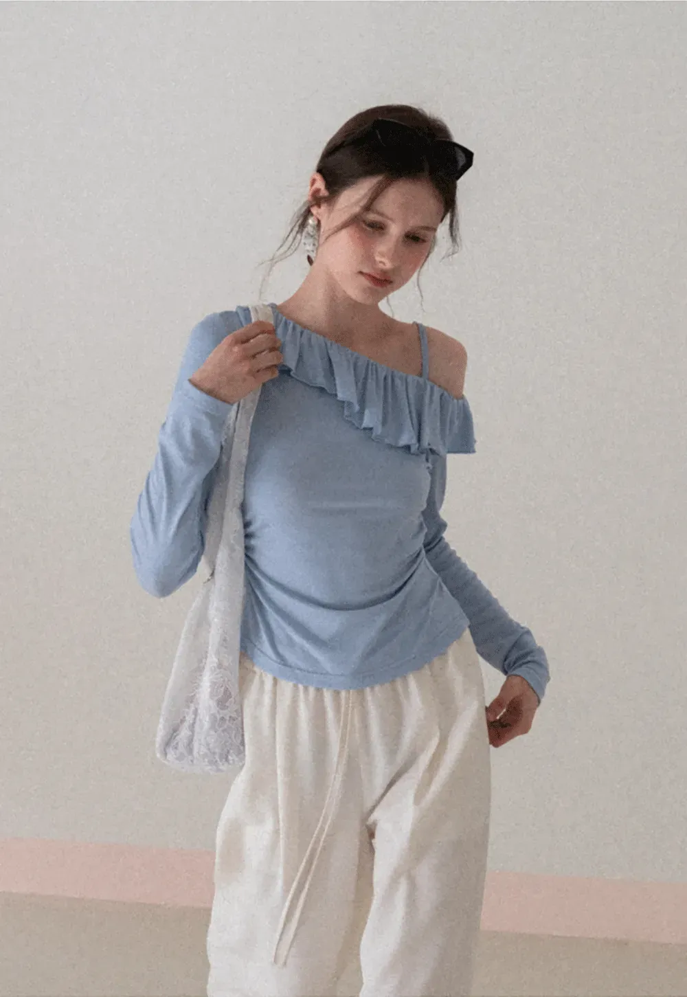 Long Sleeve Top with Ruffled Off Shoulder Design