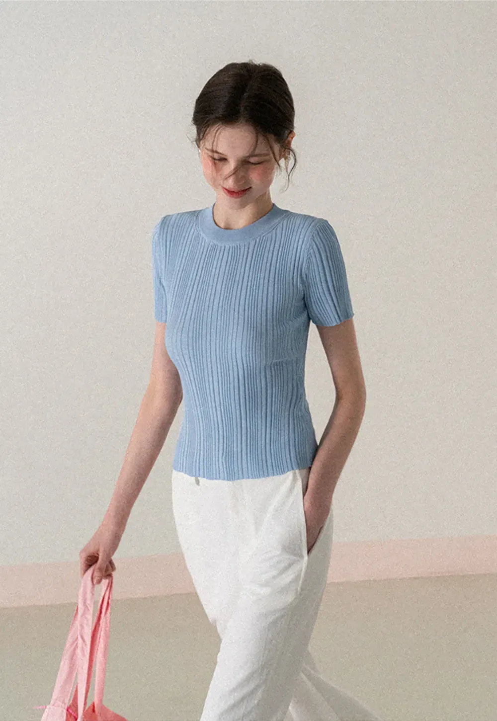 Ribbed Knit Short Sleeve Crew Neck Sweater