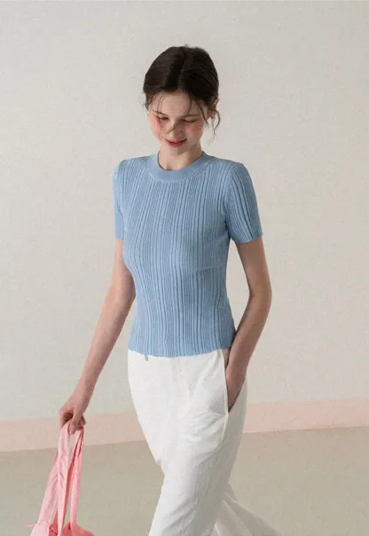 Ribbed Knit Short Sleeve Crew Neck Sweater