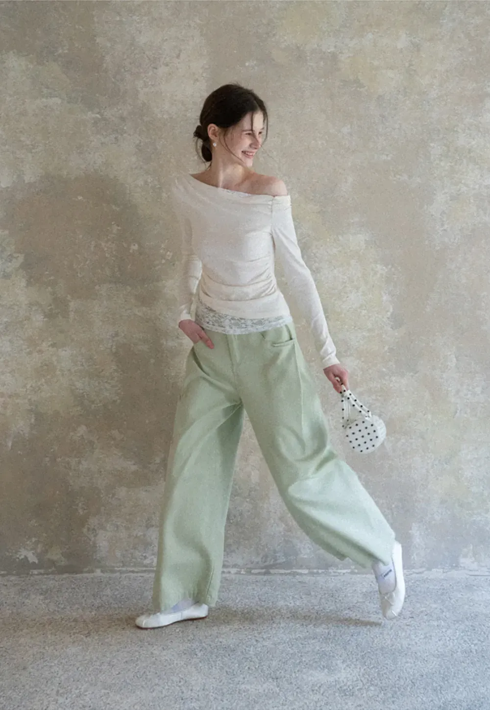 Off shoulder long sleeve top with lace trim