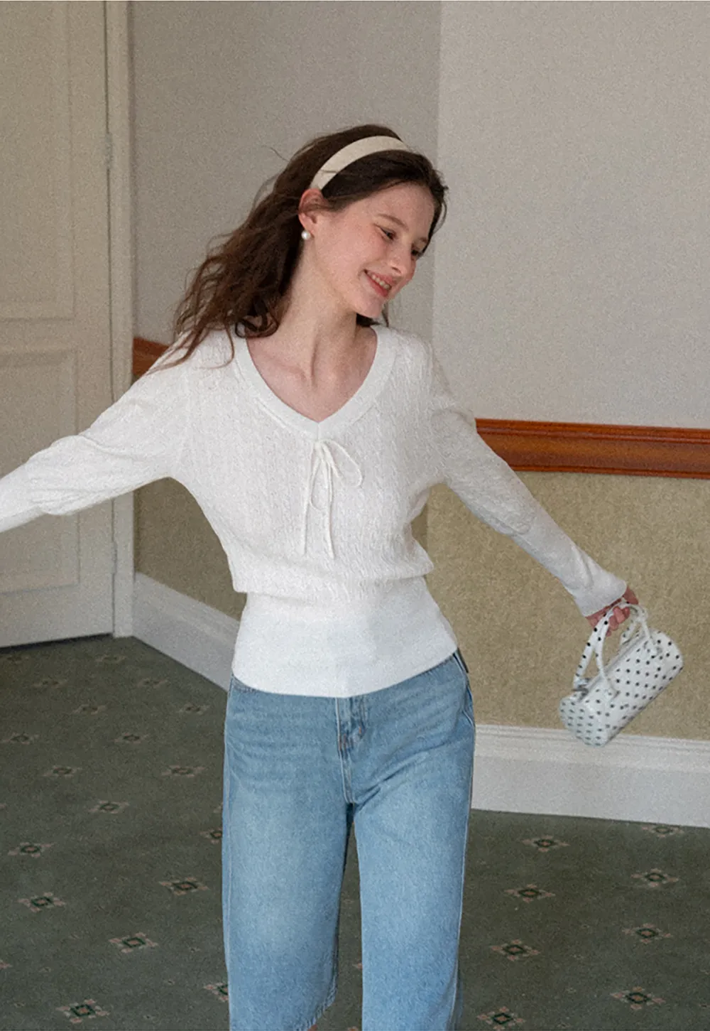 V Neck Knit Sweater with Front Tie Detail