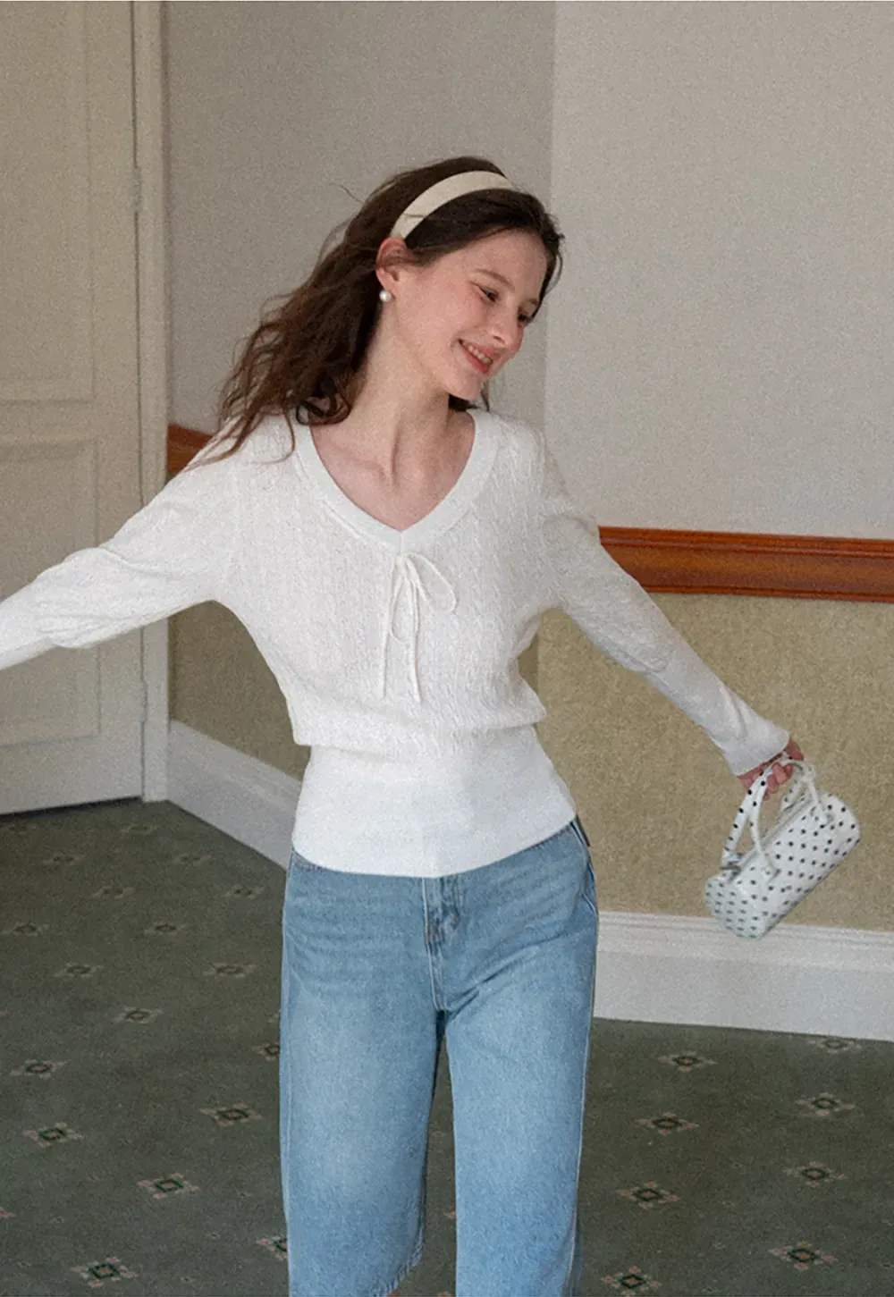 V Neck Knit Sweater with Front Tie Detail