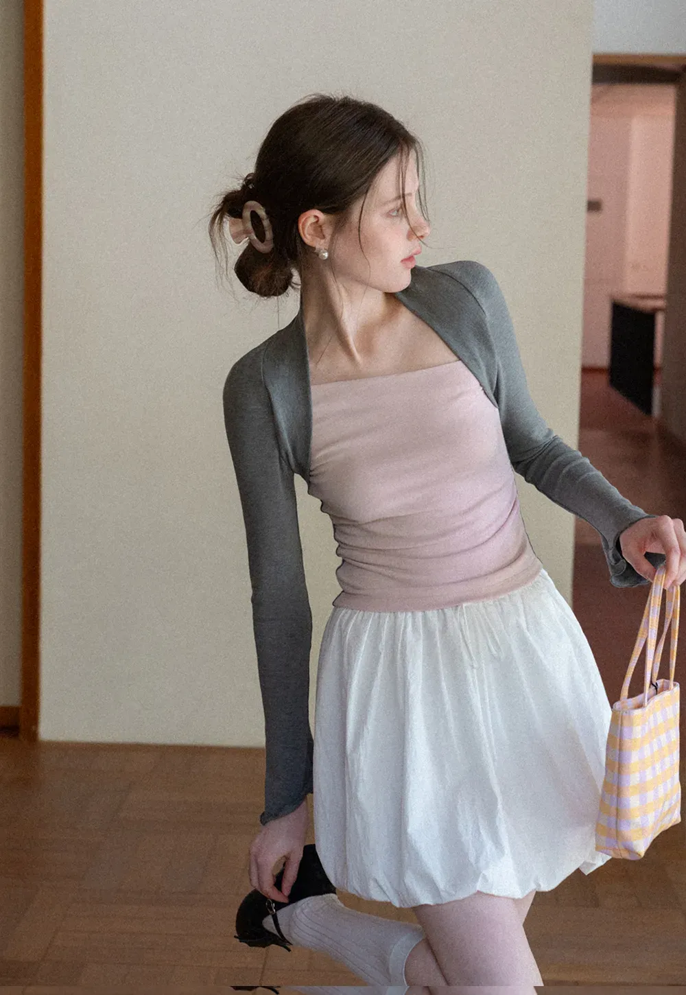 Polka dot long sleeve top with square neckline