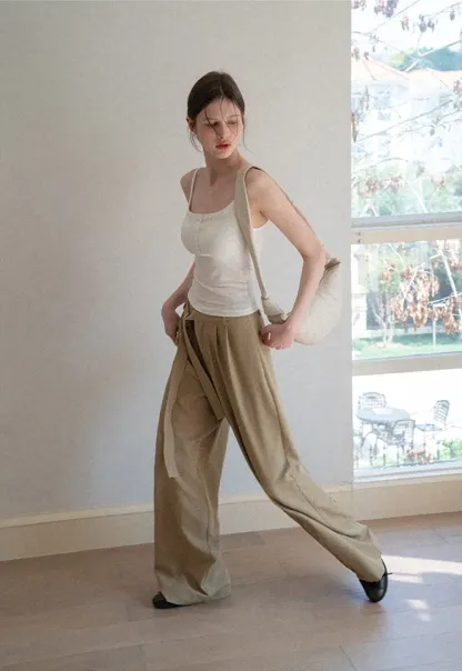 Wide leg casual pants with waist tie