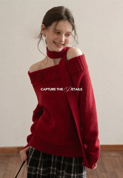 Elegant High Neck Knit Sweater with Tie Detail