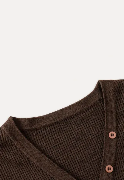 Womens Ribbed Long Sleeve V-Neck Button Top