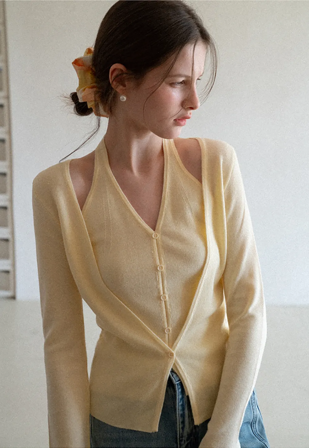 V neck long sleeve knit cardigan with open shoulders