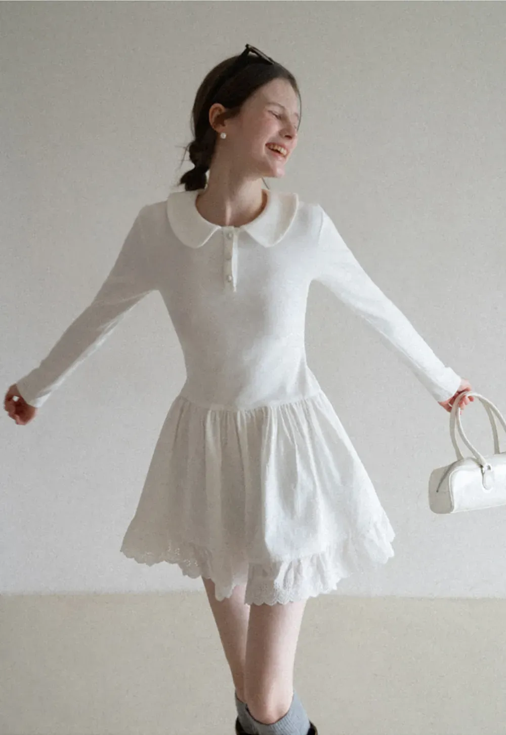 Elegant Long Sleeve Dress with Lace Trim and Flared Skirt