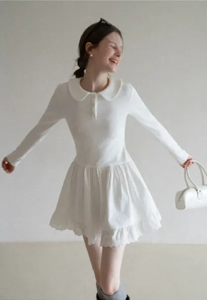 Elegant Long Sleeve Dress with Lace Trim and Flared Skirt