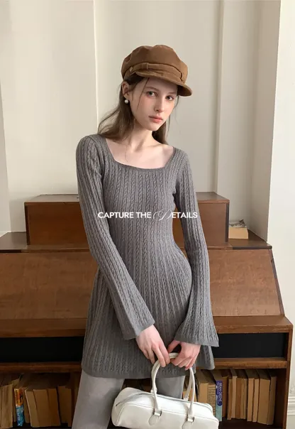 Elegant Cable Knit Flare Dress