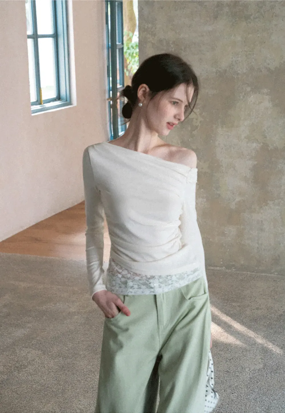 Off shoulder long sleeve top with lace trim