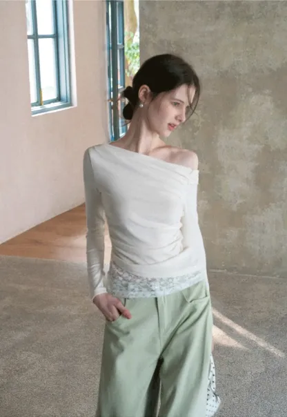 Off shoulder long sleeve top with lace trim