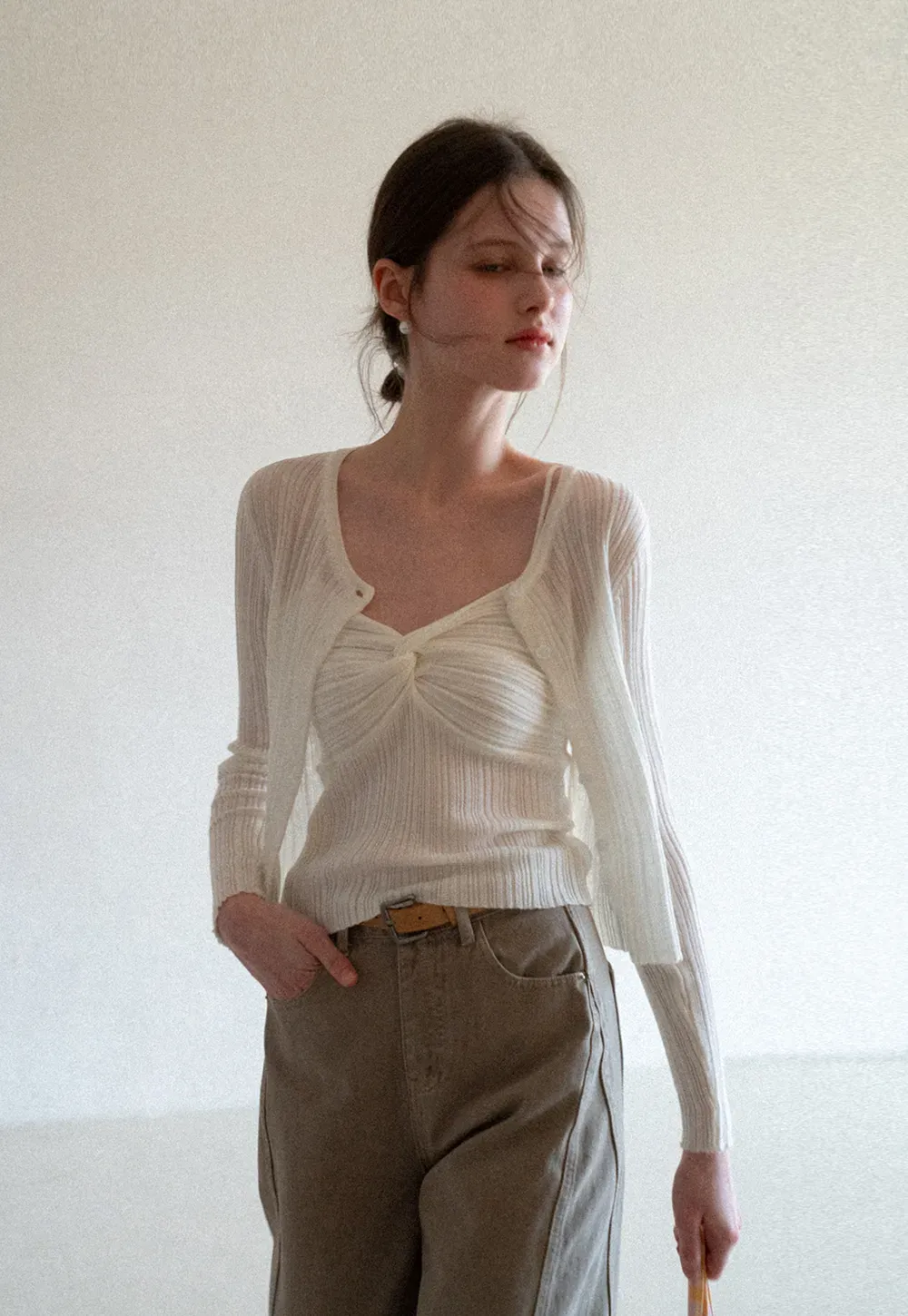 Ribbed knit sweater with V neckline and long sleeves