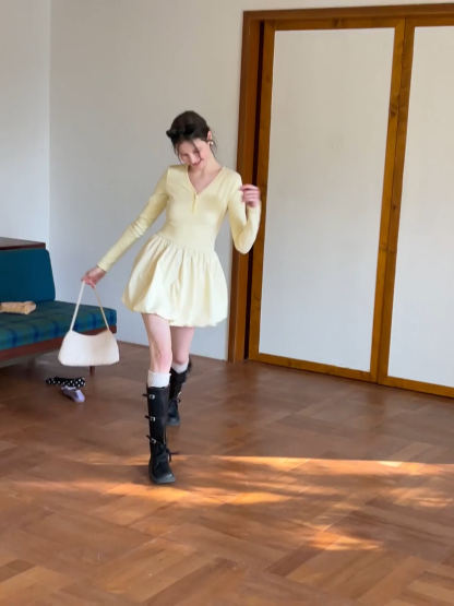 Henley V-Neck Bubble Hem Dres