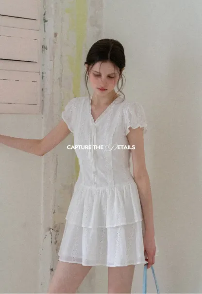 Eyelet Lace Dress with Puffed Sleeves and Tiered Skirt