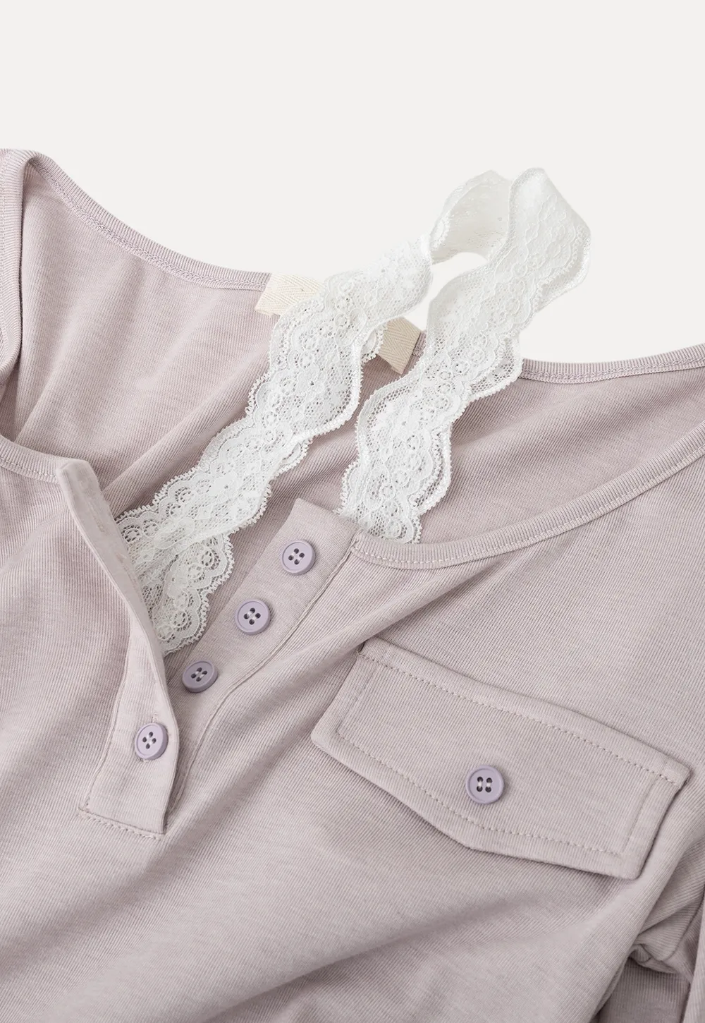 Long sleeve Henley top with lace trim