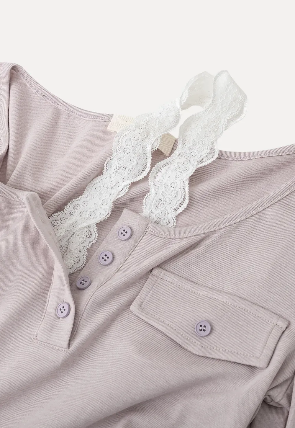 Long sleeve Henley top with lace trim