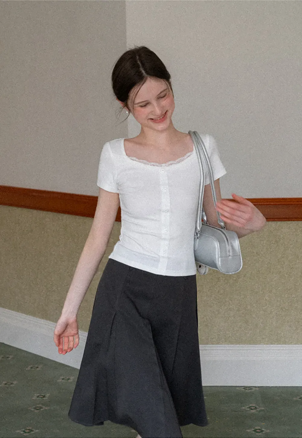 Short Sleeve Button Front Top with Lace Trim