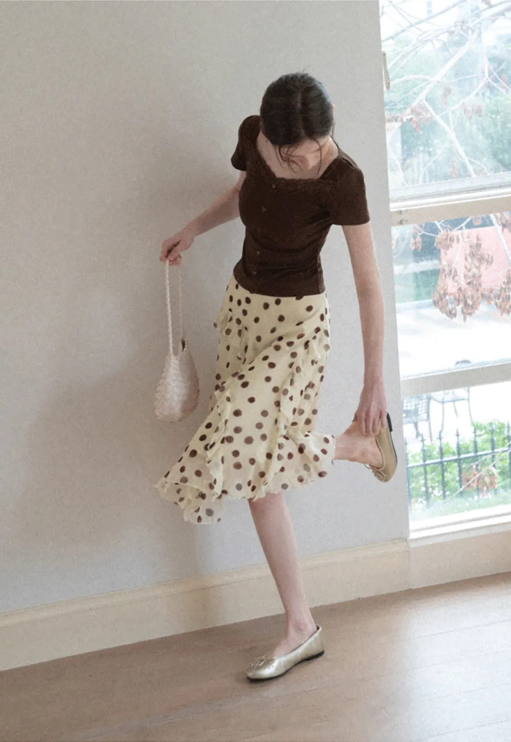 Polka dot ruffled asymmetrical midi skirt