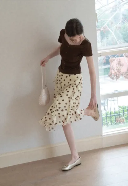 Polka dot ruffled asymmetrical midi skirt