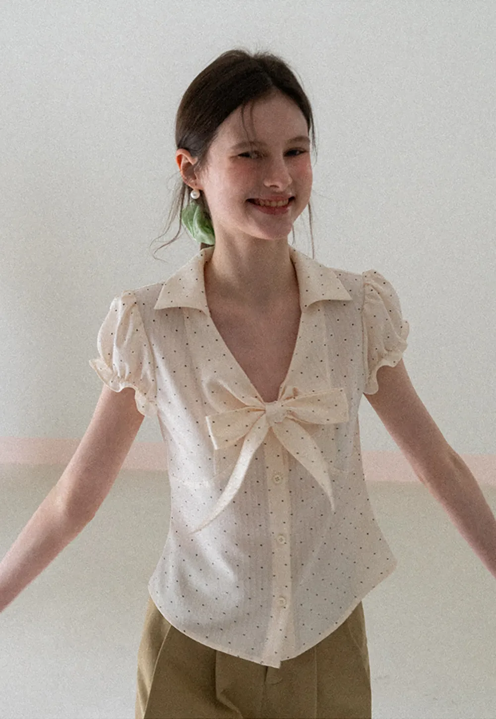 Short Sleeve Shirt with Bow Detail and Polka Dots