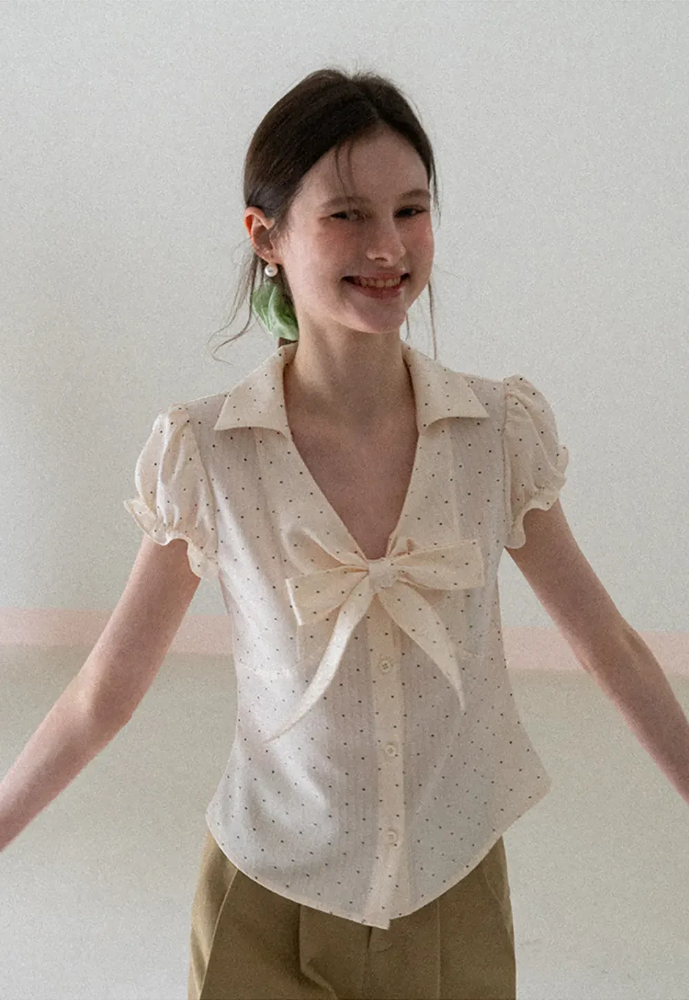 Short Sleeve Shirt with Bow Detail and Polka Dots