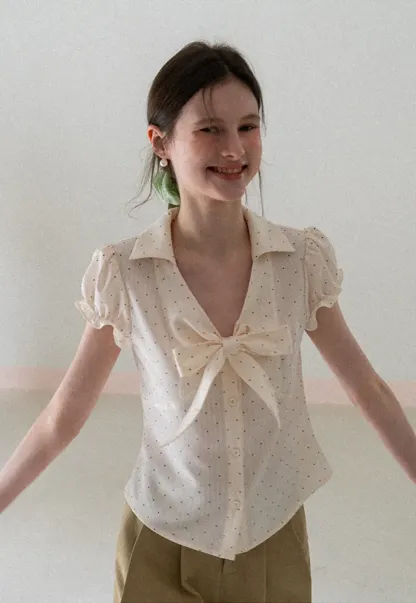 Short Sleeve Shirt with Bow Detail and Polka Dots