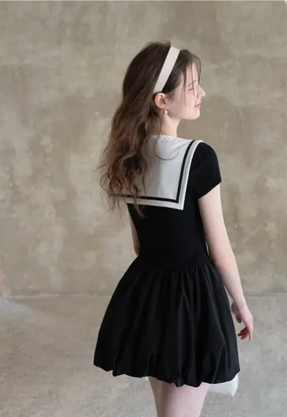 Sailor Collar Short Sleeve Flared Dress