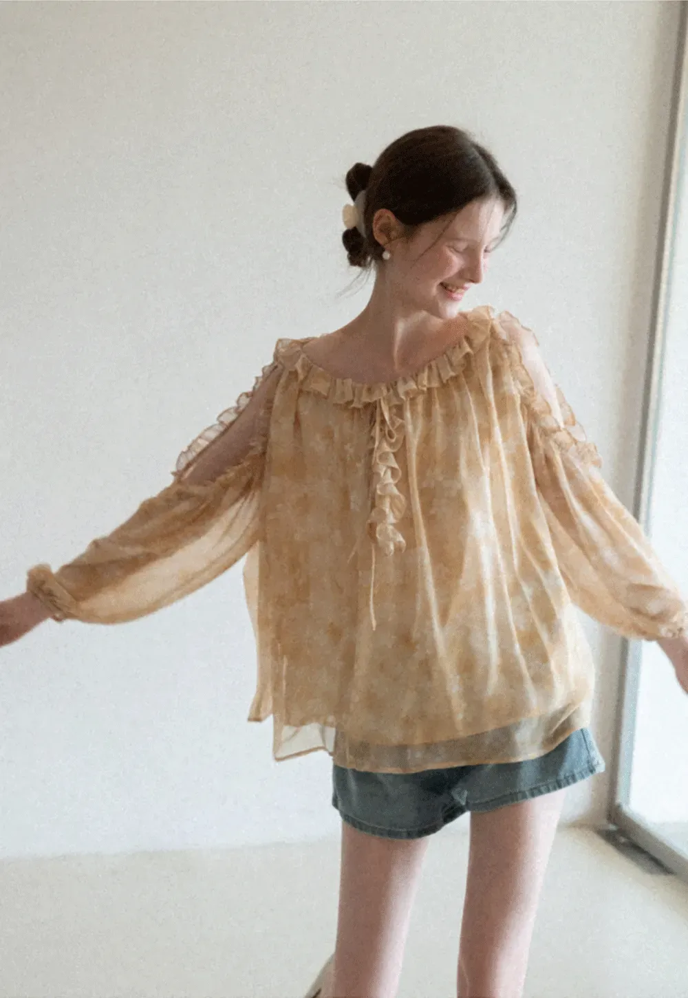 Lace Chiffon Blouse with Ruffled Neck and Sleeves