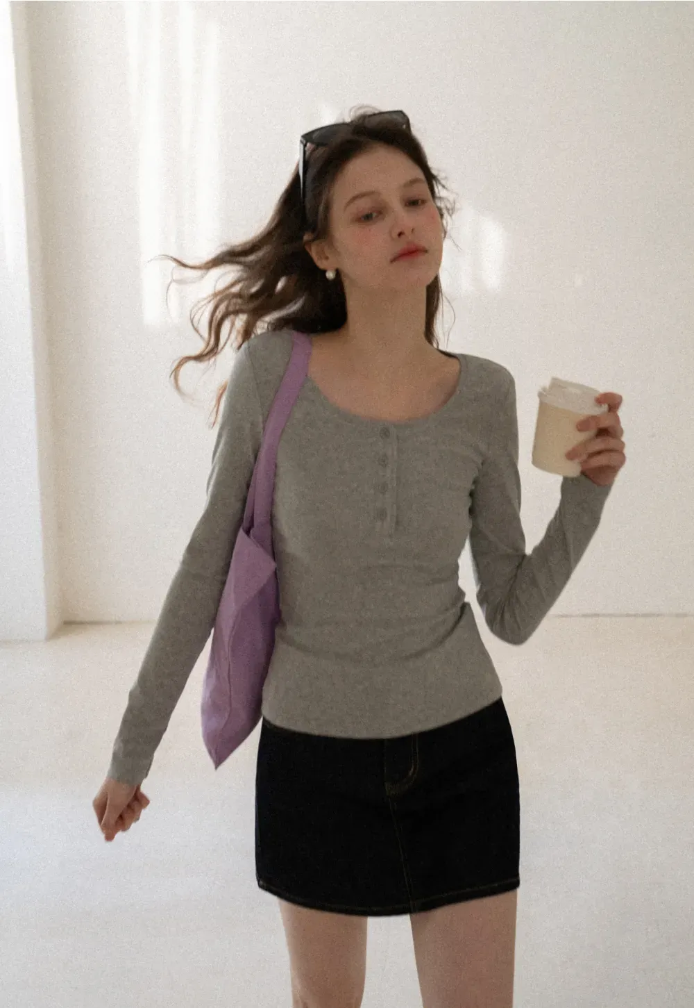 Long sleeve henley top with front buttons