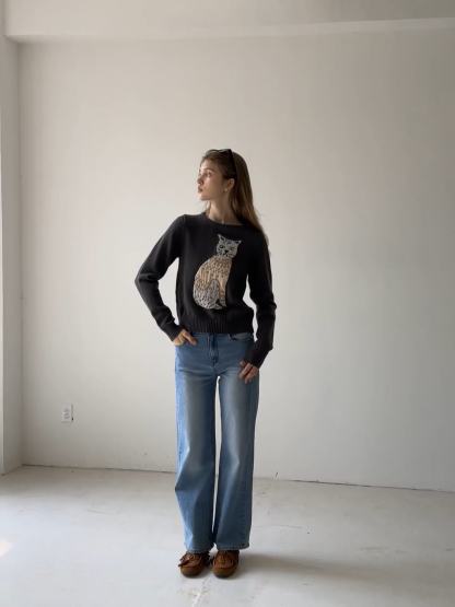 Women Cat Pattern Knit Sweater Cute Pullover Top