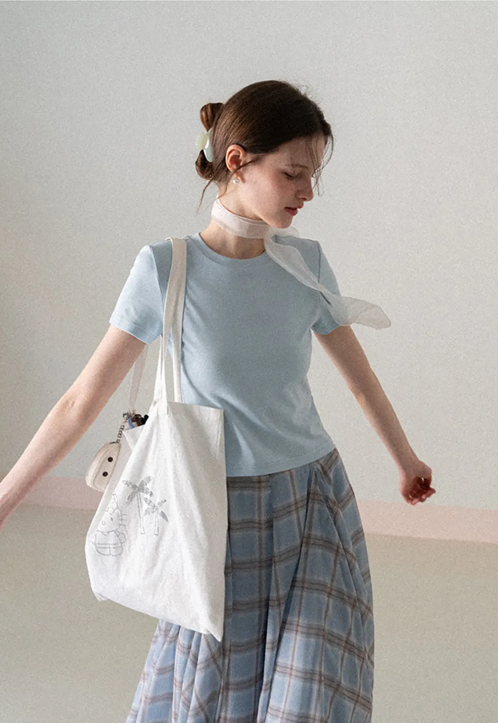 Short Sleeve Crew Neck T Shirt with Sheer Scarf Detail