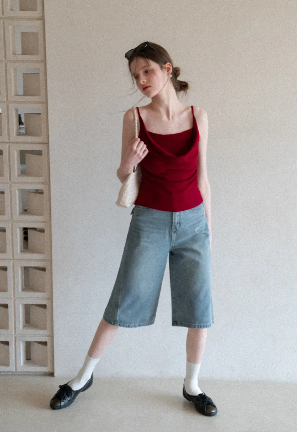 Wide Leg Denim Shorts with Belt and Back Pockets