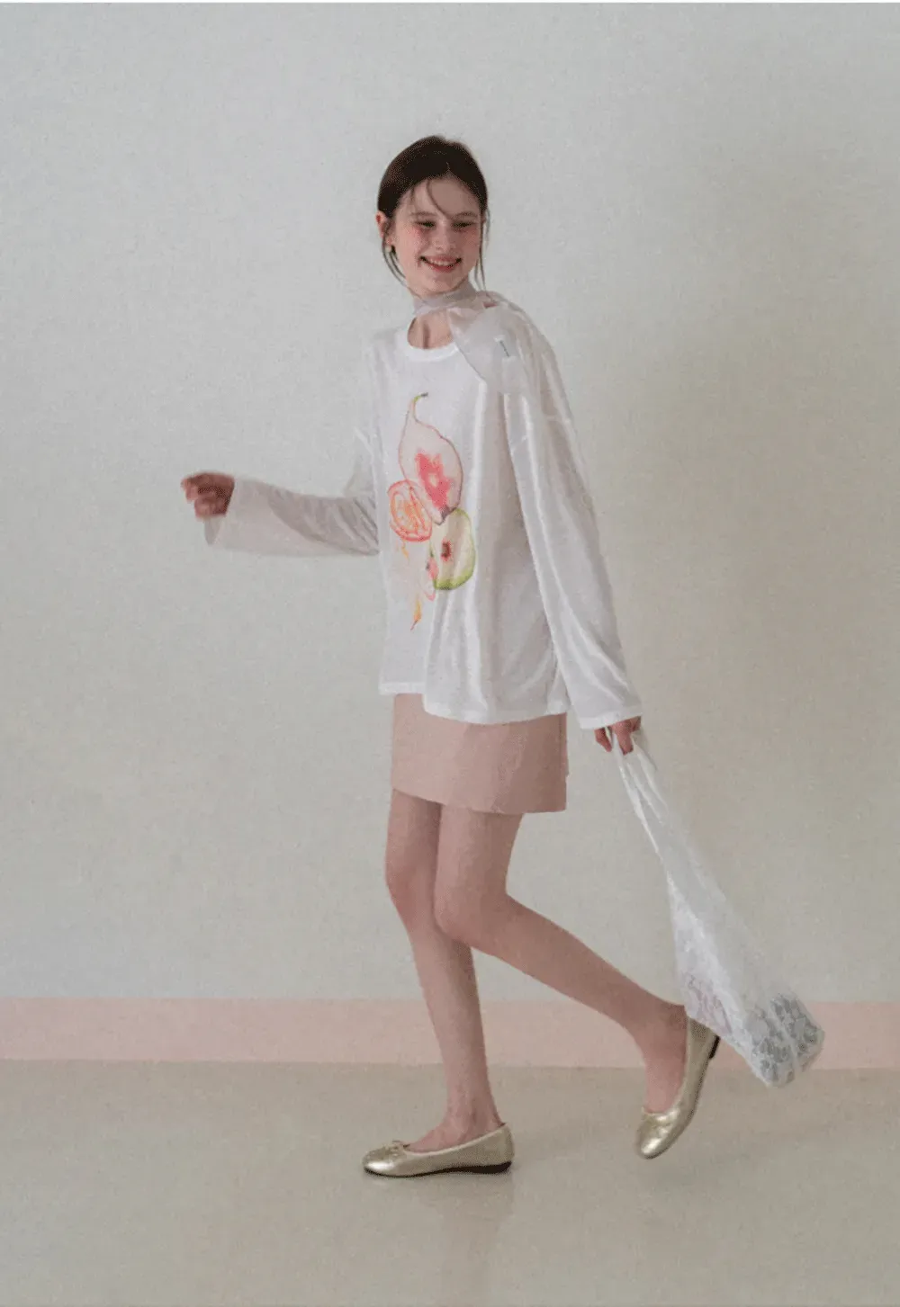 Oversized T shirt with fruit print and sheer neck detail