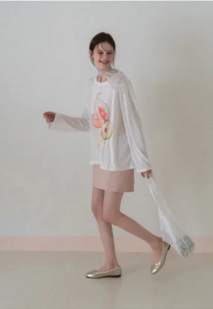 Oversized T shirt with fruit print and sheer neck detail