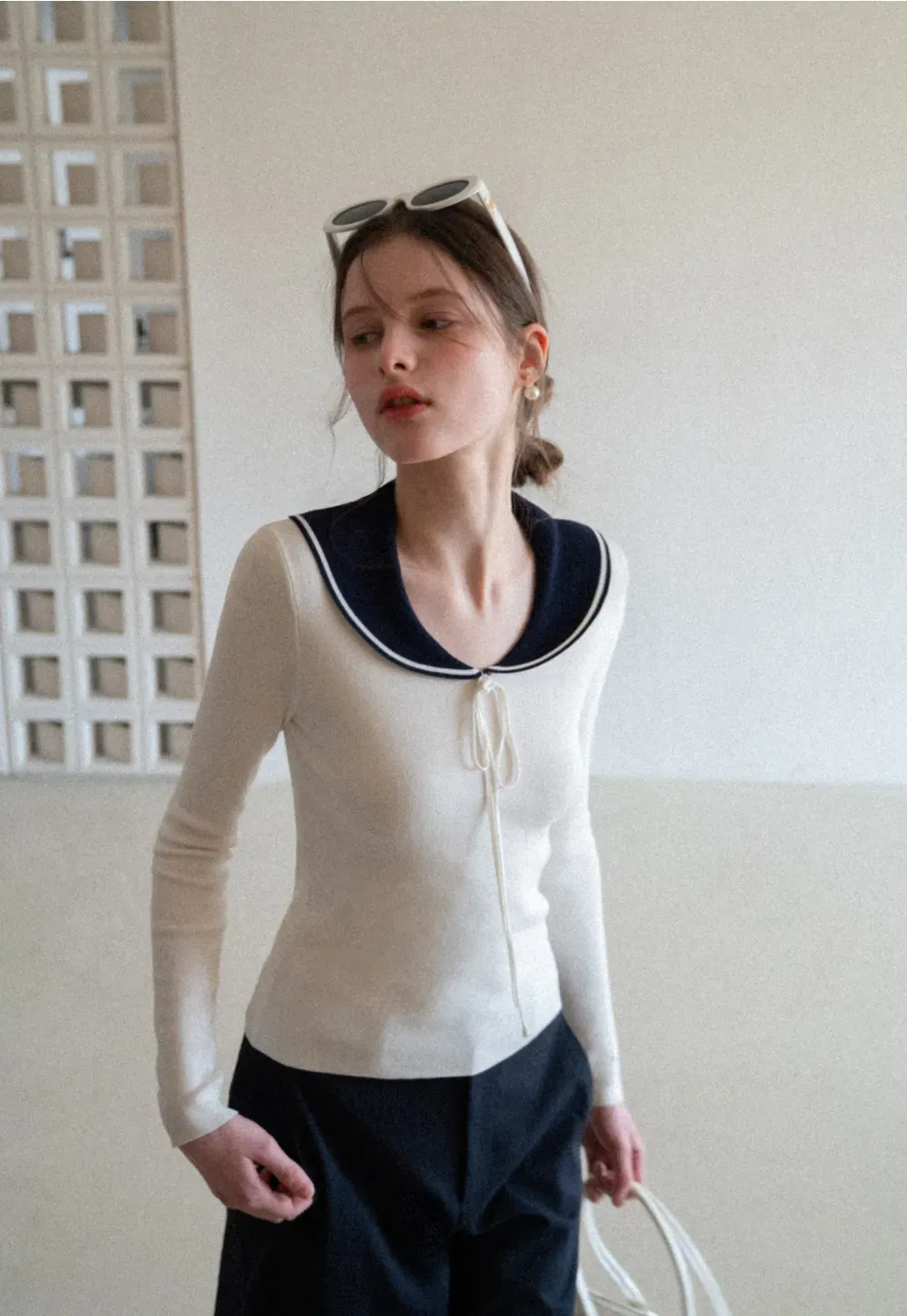 Knit Sweater with Collar and Tie Detail