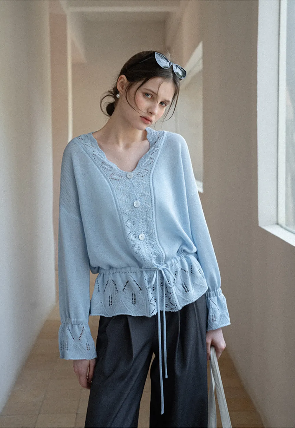 Lace Trimmed V Neck Knit Sweater with Drawstring Hem